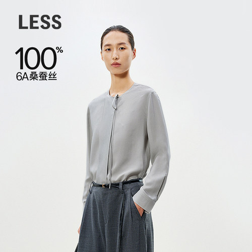 LESS春桑蚕丝衬衣提花圆领系带慵懒裸肤长袖衬衫女2P2212700