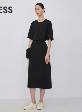 LESS春秋棉质裙子女休闲简约收腰基础款短袖连衣裙2N7G10650