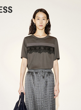 【精工系列】LESS夏季棉质T恤女黑色蕾丝提花短袖上衣2N511396A