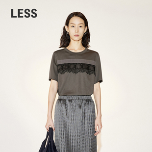 LESS夏季 棉质T恤女黑色蕾丝提花短袖 上衣2N511396A 精工系列