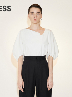 LESS夏季棉质衬衣女休闲立体弧形花苞袖套头短袖衬衫2N5212510