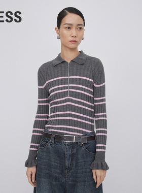 LESS秋绵羊毛拉链领条纹修身气质针织衫2N9312180