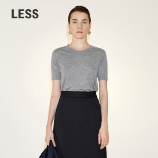LESS春秋绵羊毛短袖 短款 针织衫 上衣女含羊绒2N3314480 圆领修身
