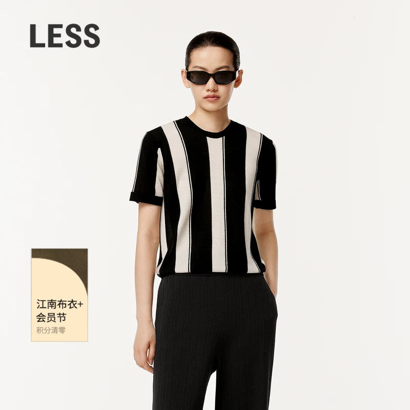 LESS夏季条纹撞色短袖针织衫女圆领休闲弹力上衣含羊绒2O431
