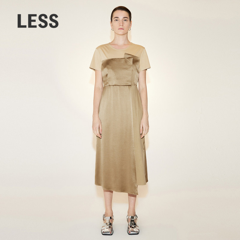 LESS气质拼接短袖连衣裙女小众设计感过膝T恤裙含桑蚕丝2N7G