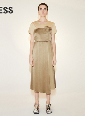 LESS气质拼接短袖连衣裙女小众设计感过膝T恤裙含桑蚕丝2N7G11350