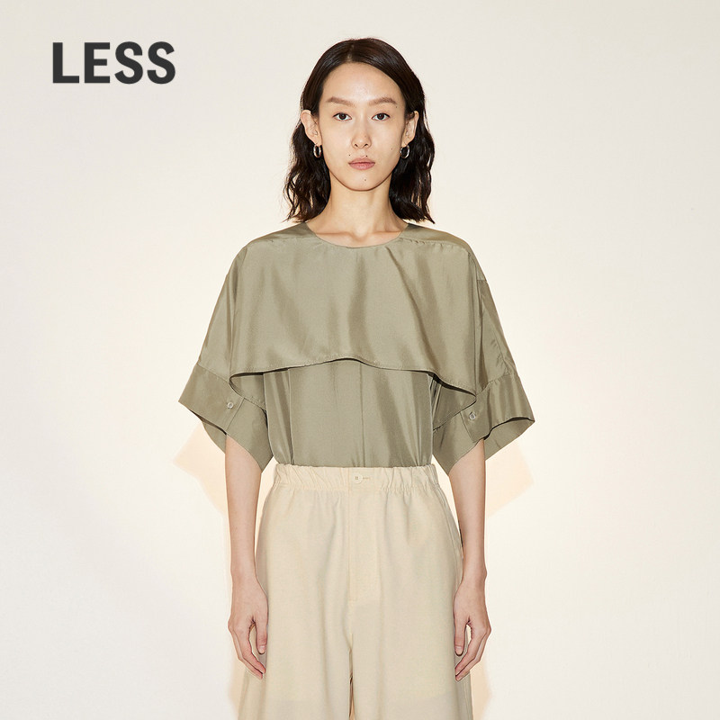 LESS夏季桑蚕真丝衬衣休闲双层门襟纸棕色圆领短袖衬衫2N621