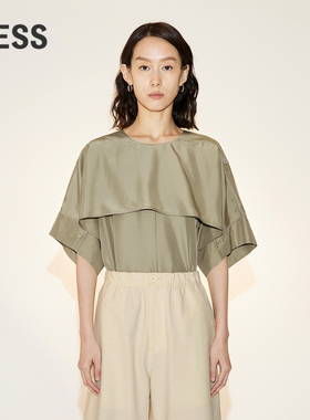 LESS夏季桑蚕真丝衬衣休闲双层门襟纸棕色圆领短袖衬衫2N6213950