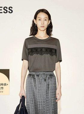 【精工系列】LESS夏季棉质T恤女黑色蕾丝提花短袖上衣2N511396A