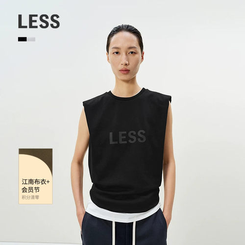LESS夏季垫肩背心全棉简约圆领胶印logo休闲无袖T恤女2P4113150