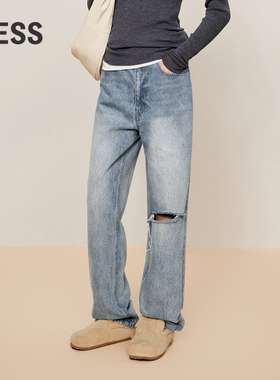 LESS秋季休闲简约通勤风九分裤锥形破洞棉质牛仔裤2O9E11680