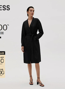 LESS春季桑蚕真丝裙子女系带收腰风衣式长袖连衣裙2N2G11330