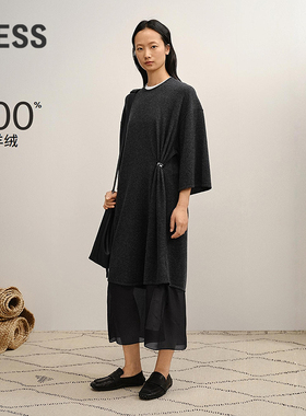【商场同款】LESS2025年冬新款H型圆领宽松七分袖连衣裙2P0G15550