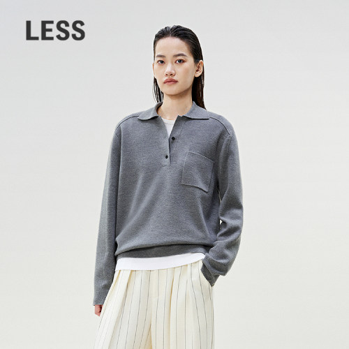 LESS春绵羊毛口袋肩线设计毛衫简约polo领套头针织衫女2P2312880