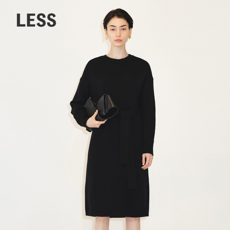 LESS绵羊毛裙子女系带收腰圆领套头长袖针织连衣裙2M0G109