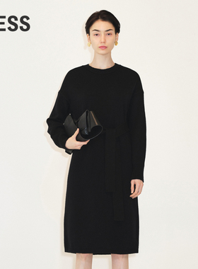 LESS绵羊毛裙子女系带收腰圆领套头长袖针织连衣裙2M0G10980