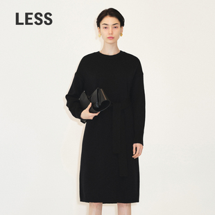 LESS绵羊毛裙子女系带收腰圆领套头长袖 针织连衣裙2M0G10980