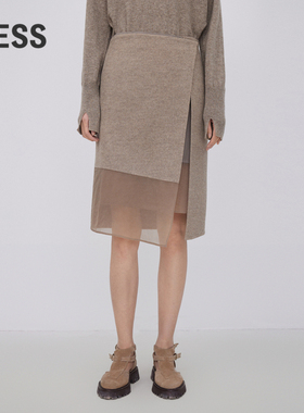 LESS绵羊毛腰裙女拼接中长款直筒半身裙含牦牛绒2N0D11140