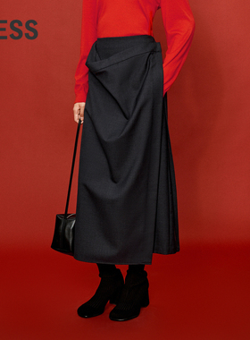 LESS半围裹式绵羊毛混纺腰裙不规则开衩中长半身裙2OBD11760