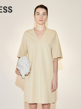 【迅系列】LESS夏季裙子女休闲简约V领中长款短袖连衣裙2N4G14310