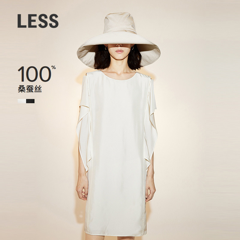 LESS夏季桑蚕真丝裙子女气质法式荷叶分割袖短款连衣裙2N4G1
