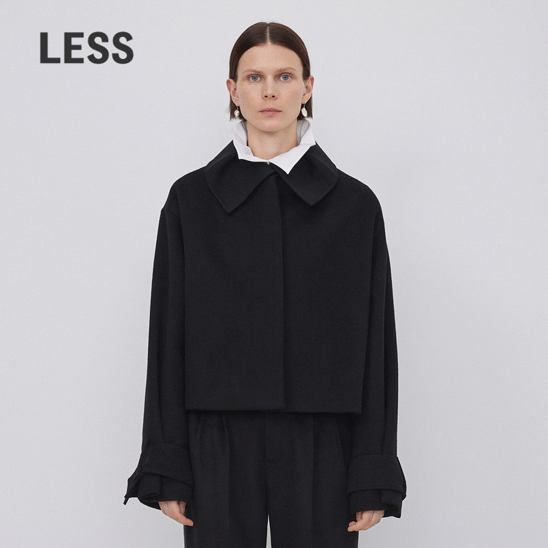 LESS冬季外套女翻领短箱型暗门襟绵羊毛黑色双面呢夹克2N061