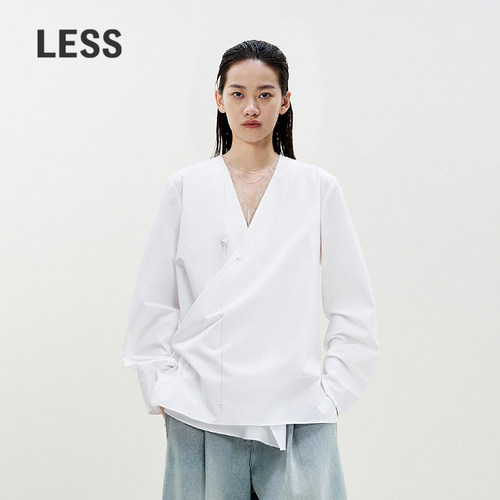 LESS春季蕾丝拼接假两件衬衫女中式围裹设计感府绸衬衣2P1212940