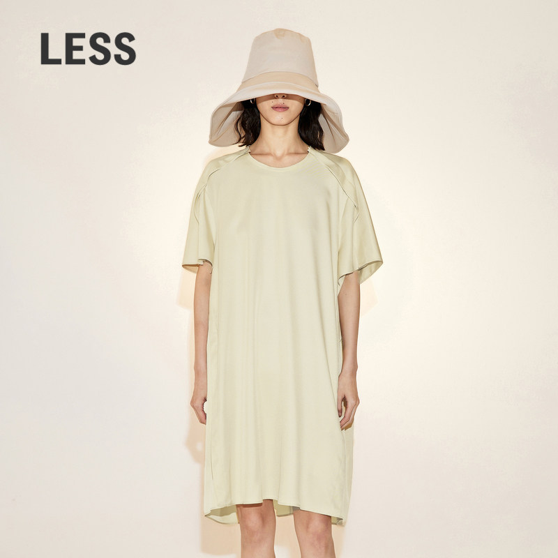 LESS夏季桑蚕真丝裙子女休闲简约圆领短袖T恤连衣裙2N6G15