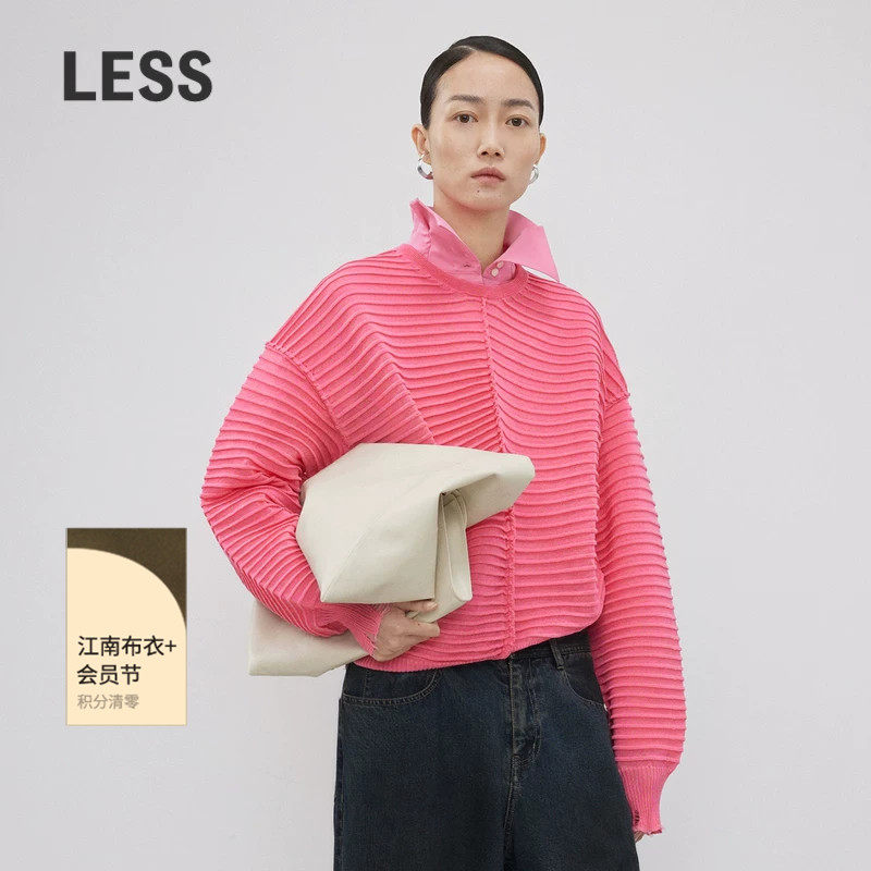 LESS秋季毛衫女休闲简约立体条纹设计感圆领套头针织衫2N831