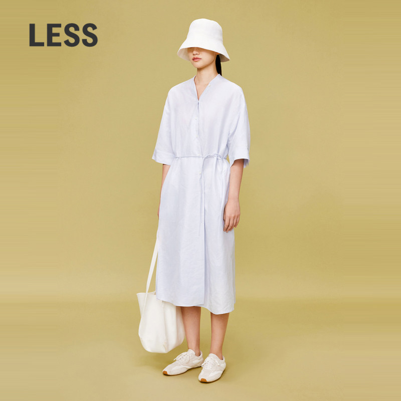 LESS夏季通勤气质V领系带长裙丝麻平纹设计感短袖连衣裙2O6G