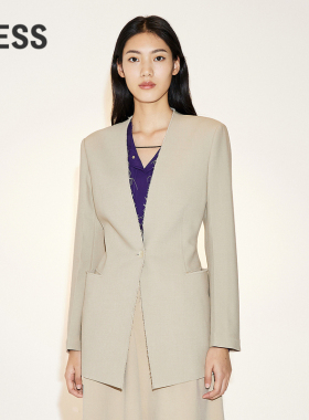 LESS春季绵羊毛西服女简约休闲解构无领毛呢西装外套2N2713320