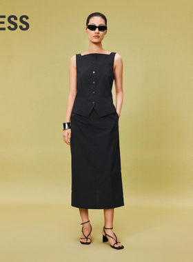 LESS夏季通勤质感休闲简约马甲式假两件圆领无袖连衣裙2O5G13780