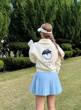 24韩国MALBON GOLF高尔夫球女士长袖翻领刺绣上衣外套半拉链卫衣