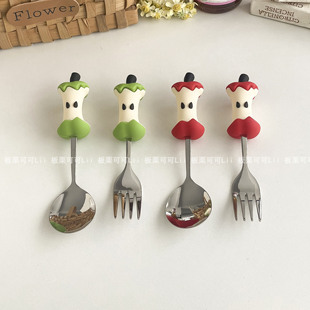 可爱苹果甜品叉勺304不锈钢儿童勺子叉子套装个人专用吃饭勺叉子