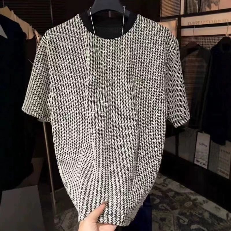 新款轻奢黑白条纹小标短袖t恤男士夏季街拍潮男百搭休闲T恤打底衫,男装,T恤,淘宝优惠券,粉丝福利购,淘宝优惠卷