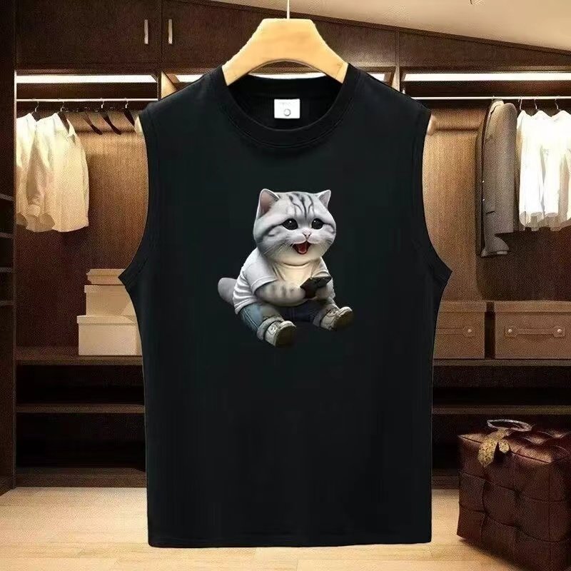 重磅230克纯棉背心男士夏季猫咪玩手机印花坎肩运动健身无袖T恤衫,男装,T恤,淘宝优惠券,粉丝福利购,淘宝优惠卷