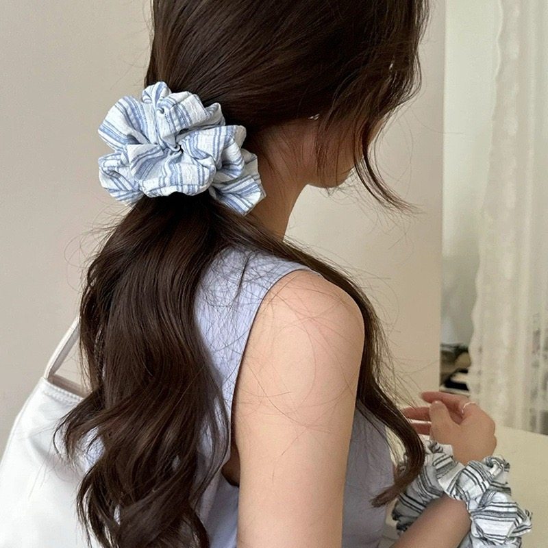 Raffia棉麻条纹大肠发圈日常发绳海盐蓝色扎头绳气质学院风头花