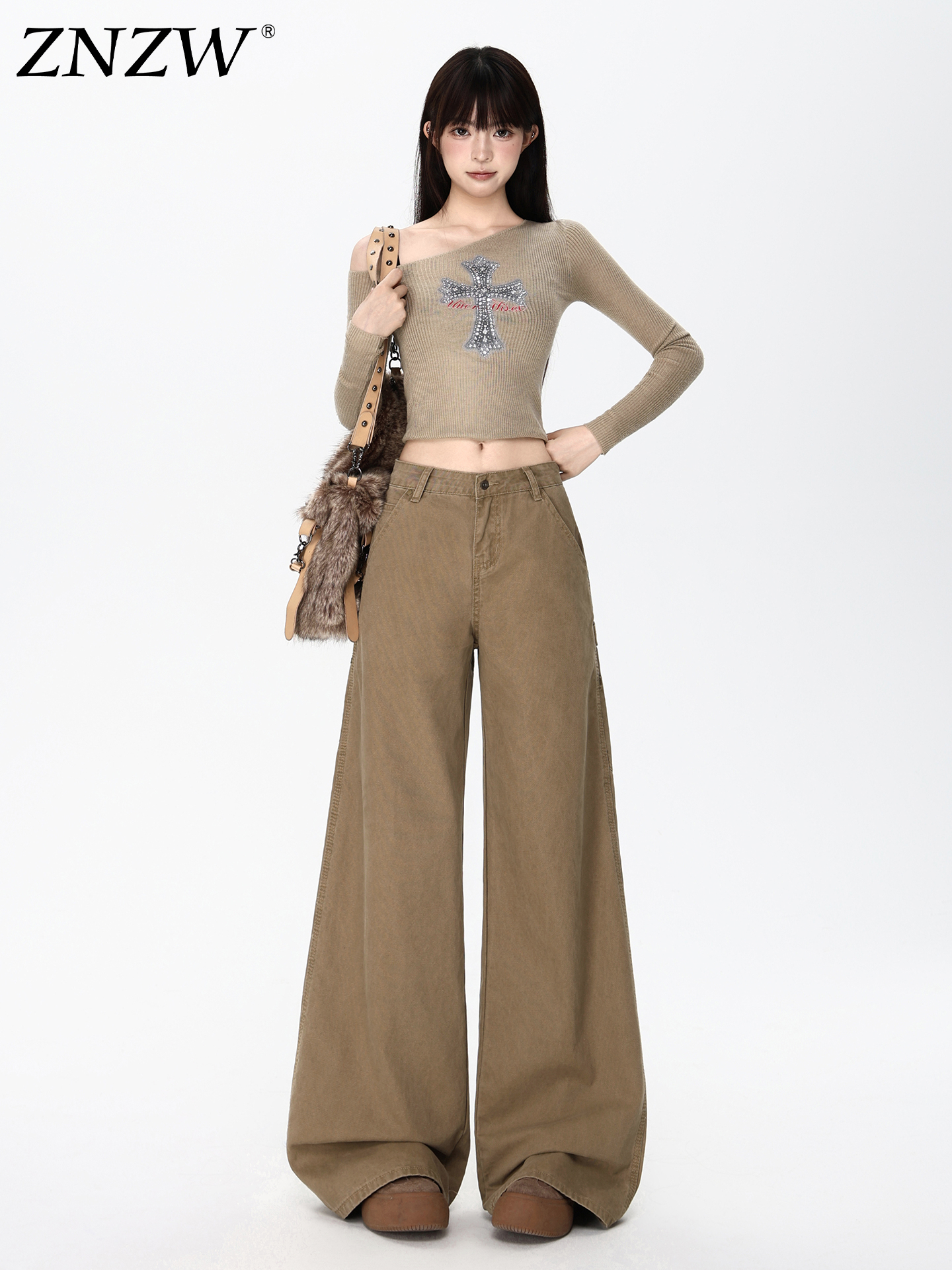 ZNZW美拉德棕色阔腿牛仔裤女秋季2025新款高腰宽松直筒拖地长裤子