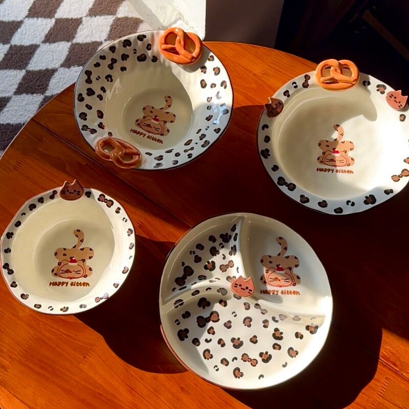 豹纹猫咪陶瓷餐具家用甜点碗吃饭米饭碗面碗家用饭碗碟子菜盘汤盘