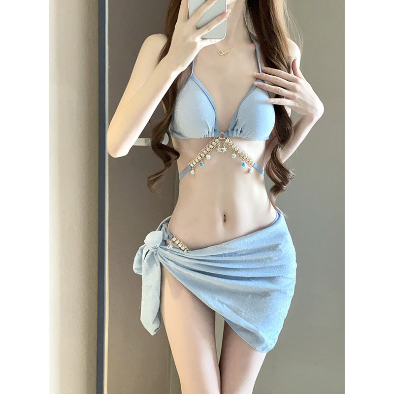 泳衣女人鱼钻链纯欲风绑带三角比基尼三点式ins 性感度假泳装