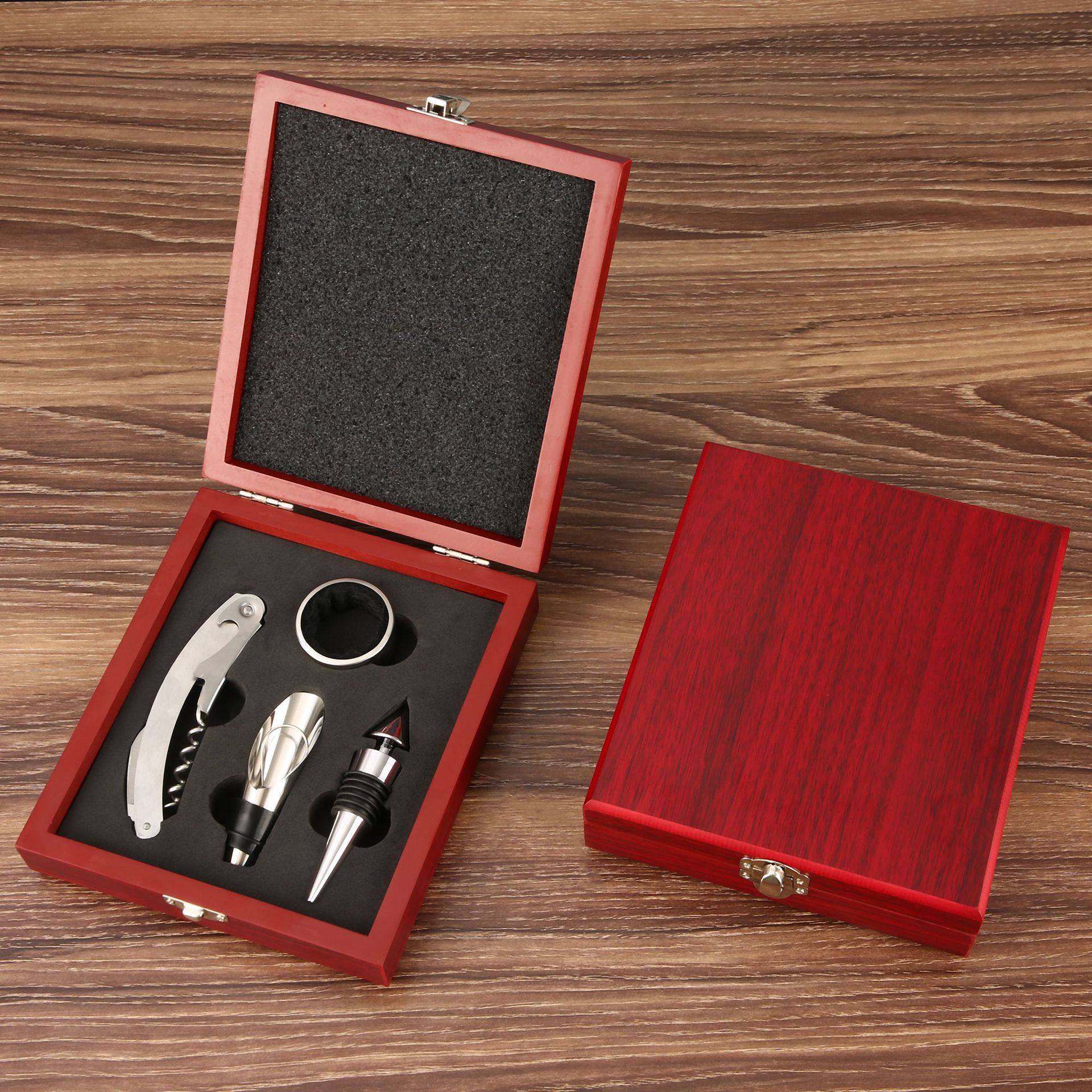不锈钢高档竹盒开瓶器套装创意多功能红酒开瓶器四件套礼品套装