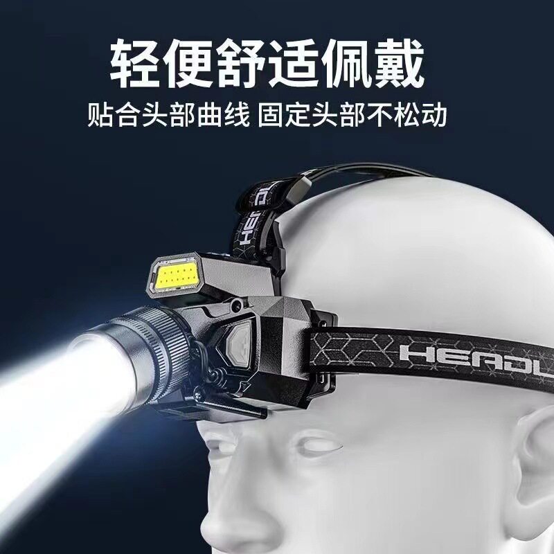 夜钓头灯强光变焦感应3000mAh超长续航户外LED充电头戴式手电