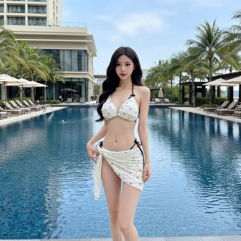 泳衣女分体碎花比基尼显瘦小胸聚拢裙式小个子海边泡温泉挂脖泳装