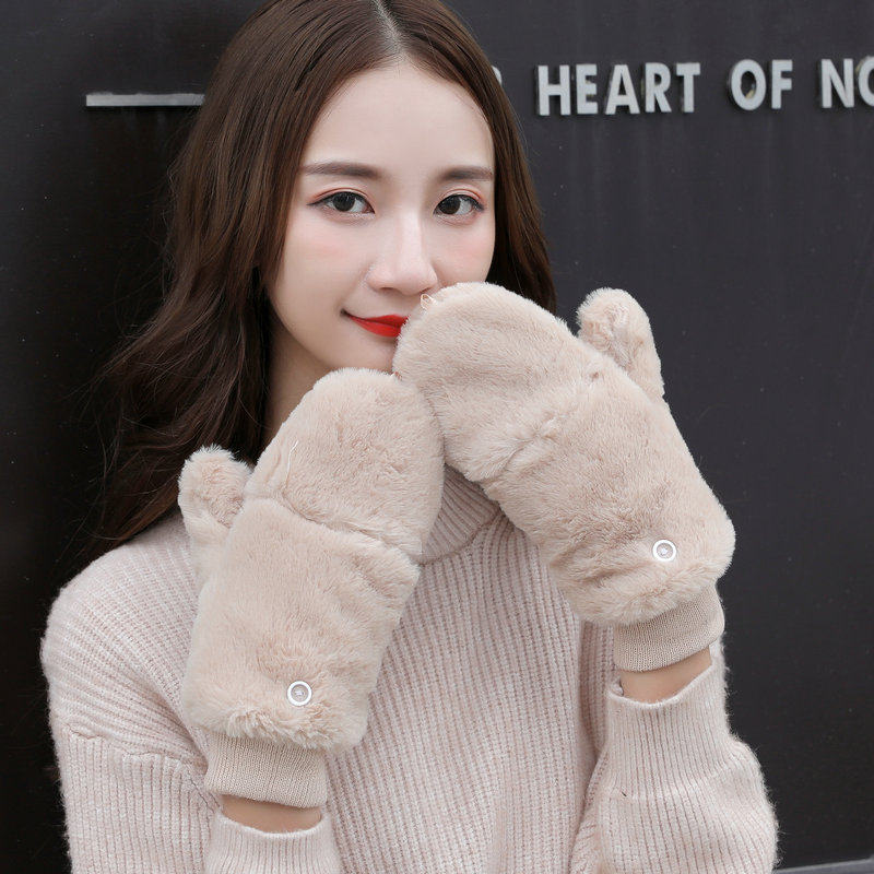 韩版毛绒纯色露指手套女挂脖可爱学生保暖加厚半指翻盖手套秋冬季