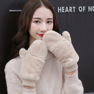 韩版毛绒纯色露指手套女挂脖可爱学生保暖加厚半指翻盖手套秋冬季