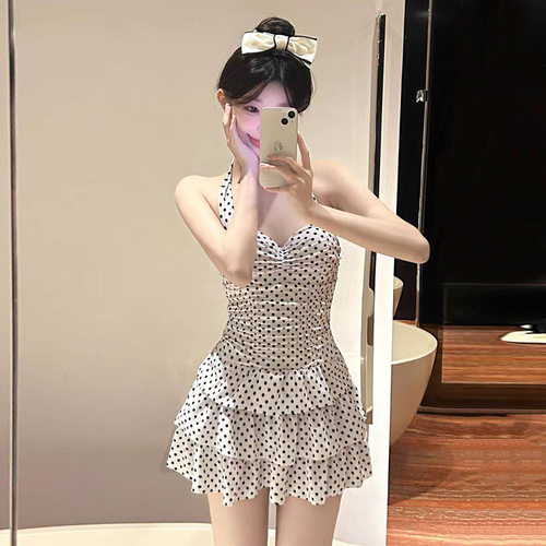 泳衣女款连体复古波点露背俏丽甜美裙式保守显瘦遮肚温泉泳衣