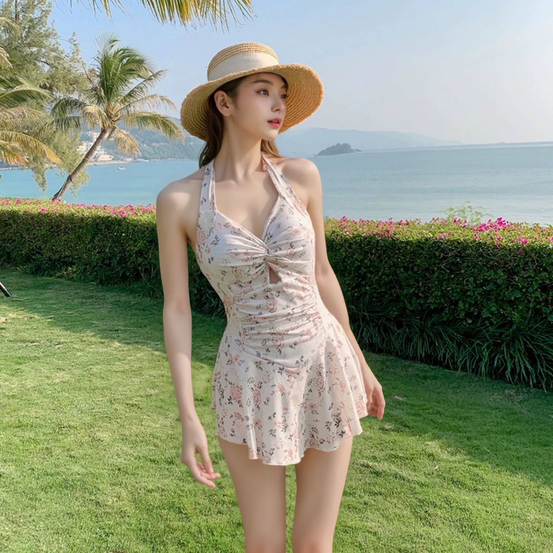 连体泳衣女款吊带露背小清新碎花连体泳衣