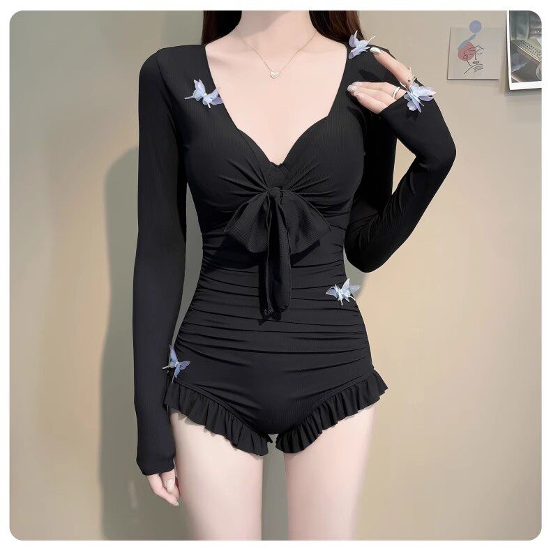 连体泳衣女式高级感遮肚显瘦泳装保守长袖防晒钢托聚拢温泉海边