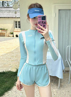 泳衣女款分体长袖运动三件套装韩版休闲保守修身清新风防晒平角裤