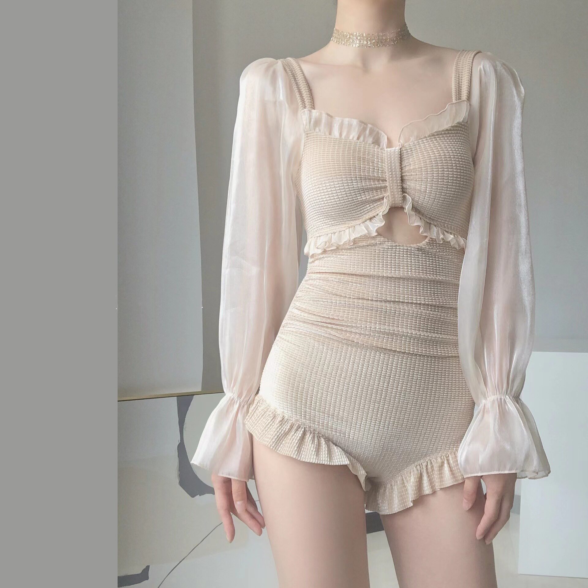 泳衣女温泉保守仙气韩国连体长袖遮肉显瘦绝美学生少女bikini游泳